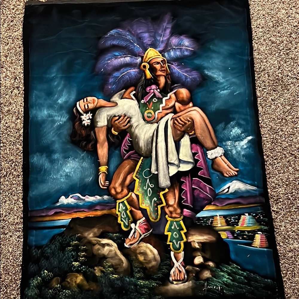 Vibrant Aztec Warrior Tapestry, hand painted